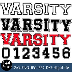 May include: A digital file featuring the word "VARSITY" in three different styles: white with black outline, black with white outline, and red with white outline. Also includes the numbers 0 through 6. The file is available in SVG, PNG, JPG, EPS, and DXF formats.