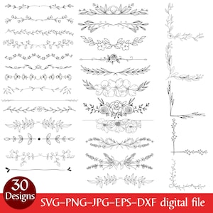 以下が含まれることがあります： 30種類の白黒の花柄デザイン要素のコレクション。ボーダー、ディバイダー、コーナーアクセントが含まれています。デザインは、さまざまな花と葉の配置が特徴です。画像には「30 Designs」というテキストとファイルタイプ情報が含まれています。