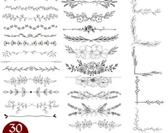 May include: A collection of 30 black and white floral design elements, including borders, dividers, and corner accents. The designs feature various flower and leaf arrangements. The image includes the text "30 Designs" and file type information.