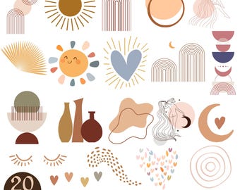 Paquete de elementos abstractos bohemios en formato SVG, formas minimalistas para arte mural, conjunto de imágenes prediseñadas modernas de sol y luna con arcoíris