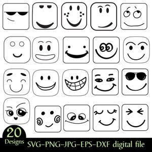May include: A collection of 20 black and white emoji designs, each within a square frame. The emojis display various expressions, including sunglasses, smiles, and winks. The bottom of the image includes the text "20 Designs SVG-PNG-JPG-EPS-DXF digital file."