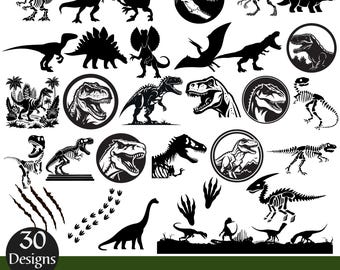 May include: A selection of 30 dinosaur designs in black and white. The designs include dinosaur silhouettes, skeletons, and circular illustrations of dinosaur heads. The text "30 Designs" is in a black circle. The bottom text reads "SVG-PNG-JPG-EPS-DXF digital file".