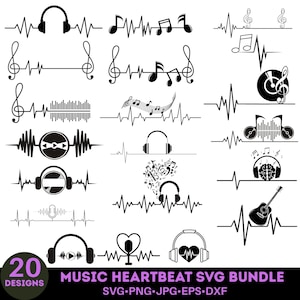 以下が含まれることがあります： 20種類の音楽をテーマにしたデザインが特徴の、白黒のデジタルアートバンドルです。デザインには、ヘッドフォン、音符、ト音記号、心拍ラインと統合された波形パターンが含まれています。「MUSIC HEARTBEAT SVG BUNDLE」というテキストも含まれています。