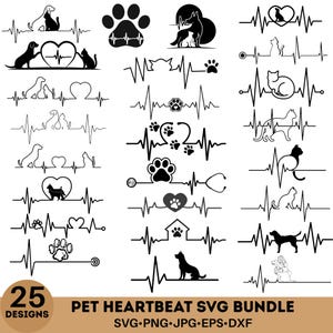 Könnte beinhalten: Eine Sammlung von 25 schwarz-weißen Designs zum Thema Haustiere. Die Designs umfassen Silhouetten von Hunden, Katzen, Pfotenabdrücken und Herzen, kombiniert mit Herzfrequenz-Wellenformen. Der Text "PET HEARTBEAT SVG BUNDLE" ist ebenfalls enthalten.