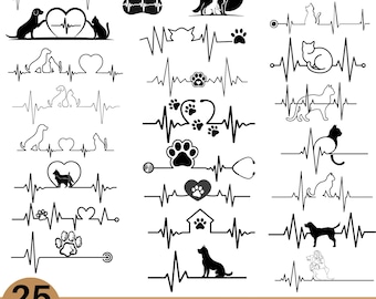 Paquete SVG de latidos de mascotas, arte lineal de pulso de perro y gato, diseños de huellas de patas, clipart de siluetas de animales, ilustraciones de líneas minimalistas