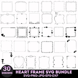 Puede incluir: Una colección de 30 diseños de marcos de corazón negros en varios estilos, incluyendo marcos cuadrados, rectangulares y en forma de corazón. La imagen incluye el texto "HEART FRAME SVG BUNDLE" e información del tipo de archivo.