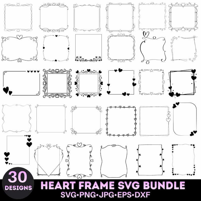 Heart Frame SVG Bundle, Decorative Heart Frames, Romantic Borders for ...