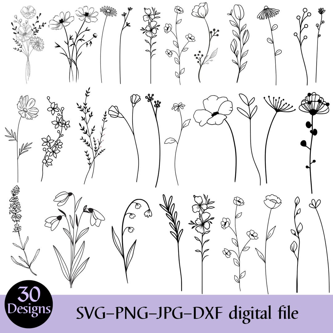 Wildflower Line Art SVG Bundle – 30 Hand-drawn Floral Designs | SVG PNG ...