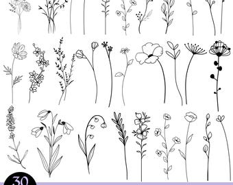 Wildflower Line Art SVG Bundle – 30 Hand-Drawn Floral Designs | SVG PNG Jpg Dxf | Instant Download for Cricut & Silhouette