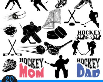 May include: A selection of 20 hockey-themed designs in black and white. Features silhouettes of players, pucks, nets, and equipment. Text includes "HOCKEY MOM" in pink and "HOCKEY DAD" in blue, plus file type information.