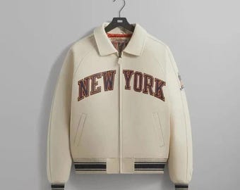 Chaqueta universitaria KITH x Avirex de los New York Knicks, bomber de cuero premium de la NBA, ropa de calle de edición limitada