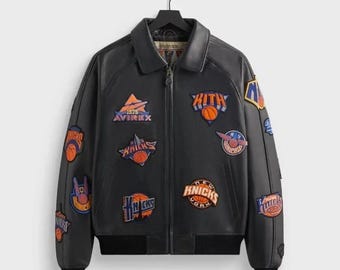 Chaqueta universitaria Avirex de los New York Knicks hecha a mano, chaqueta bomber de cuero, chaqueta NBA de edición limitada, ropa urbana para hombre.