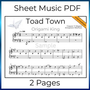 Könnte beinhalten: Noten-PDF für "Toad Town" aus "Origami King". Die Noten für Fortgeschrittene enthalten eine Probe der Partitur, Informationen zu Komponist und Arrangeur und weisen darauf hin, dass sie 2 Seiten lang ist. Ein weißer Origami-Kranich befindet sich in der oberen linken Ecke.