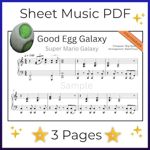 Op de afbeelding: PDF bladmuziek voor "Good Egg Galaxy" uit Super Mario Galaxy. De bladmuziek is gemarkeerd als gemiddeld niveau en bevat een voorbeeld van de muzieknotatie. De afbeelding toont ook een cartoon ei en de tekst "3 Pages".