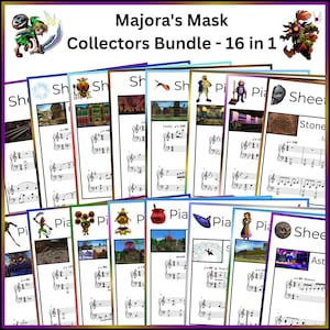 Op de afbeelding: Een verzameling van zestien geprinte bladmuziekpagina's voor piano, getiteld Majora's Mask Collectors Bundle. Elke pagina bevat muzieknotatie, tempomarkeringen en kleurrijke illustraties van personages uit het videospel, waaronder Link en Majora's Mask.
