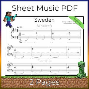Puede incluir: Partitura PDF de "Sweden" de Minecraft, etiquetada como "Principiante". La partitura incluye notación musical, con el texto "Sample" y "2 Pages". Se presenta un personaje pixelado y un Creeper.