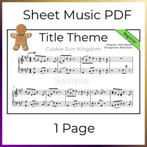 Op de afbeelding: Sheet music PDF voor het "Title Theme" van Cookie Run Kingdom. De bladmuziek is gelabeld "Beginner" en bevat een gingerbread man graphic. De tekst "Sample" is zichtbaar op de bladmuziek. De muziek is één pagina lang.