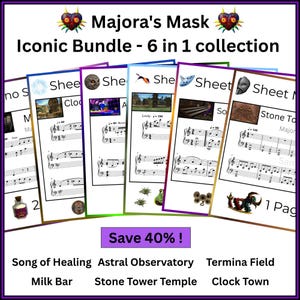 May include: A digital collection of six musical sheet music pages titled Majora's Mask Iconic Bundle. The pages feature staff notation for songs including Song of Healing, Astral Observatory, Termina Field, Milk Bar, Stone Tower Temple, and Clock Town.