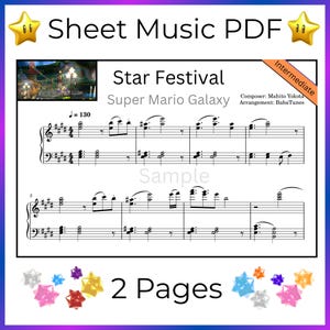 Op de afbeelding: PDF-bladmuziek voor "Star Festival" uit Super Mario Galaxy. De bladmuziek is gelabeld als "Intermediate" en bevat een voorbeeld van de muzieknotatie. De tekst "2 Pages" is ook zichtbaar.