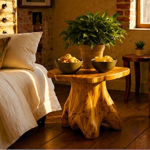 May include: A rustic wooden side table with a unique, natural tree trunk base. Two dark bowls hold snacks, and a potted plant sits on top. The scene is bathed in warm, natural light, creating a cozy atmosphere.