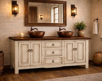 Handmade 72" Rustic Double Sink Vanity – Solid Wood, Copper Sinks