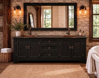 72" Rustic Farmhouse Double Vanity – Solid Wood, Black Wash Finish, Copper Sinks