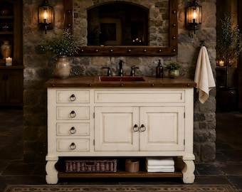 48" Farmhouse Vanity | Whitewash Pine w/ Hammered Copper Sink, Handmade Mexican Design