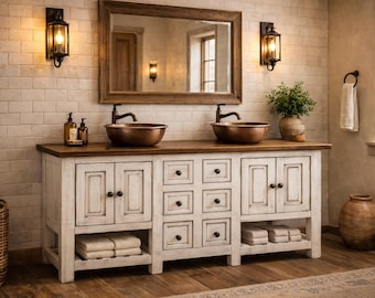 Luxury Rustic Farmhouse Double Bathroom Vanity | Solid Wood, Distressed White | 72"