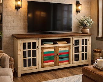 Solid Wood Farmhouse TV Stand – Distressed Cream Media Console, Multi-Color Doors 72"