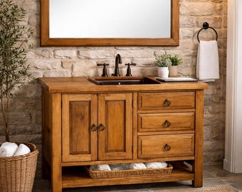 Custom Order – 2 Rustic Bathroom Vanity Sets (32” x 32”) + Mirrors + Copper Sinks