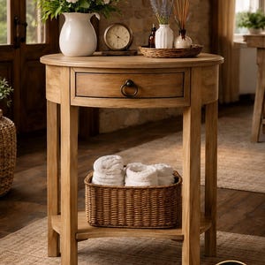 May include: A round wooden side table with a single drawer featuring a dark metal ring pull. The table has four straight legs and a lower shelf holding a rectangular woven wicker basket filled with white rolled towels. A gold seal reads NEW 2026.
