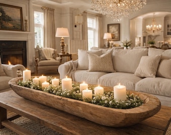 Hand-Carved Solid Wood Rustic Dough Bowls | 40"Extra-Long Farmhouse Centerpiece Tray