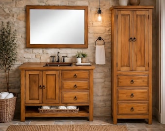 Luxury Rustic Bathroom Vanity Set – Solid Wood Vanity + Copper Sink + Matching Mirror + Tall Storage Cabinet – Farmhouse Bathroom Set