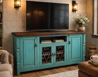 Solid Wood Turquoise Farmhouse TV Stand – Southwestern Media Console Cabinet 60"