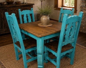 Highest Echelon Rustic Turquoise Dining Set | Luxury Handcrafted Mexican Farmhouse Table & Chairs | Artisan Solid Wood Dining Collection