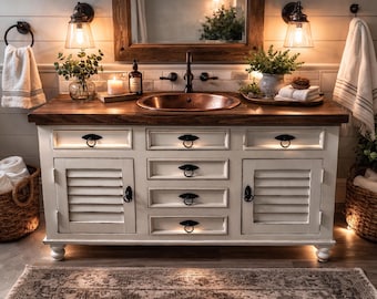 Handmade Farmhouse Bathroom Vanity | Rustic Whitewash Solid Wood Cabinet |55"