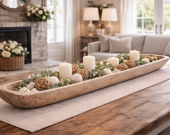 Hand-Carved Rustic Wooden Dough Bowl 39"in. Extra-Long Farmhouse Centerpiece Tray's