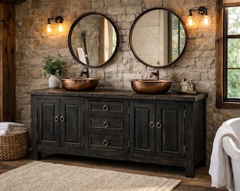 72” Rustic Farmhouse Bathroom Vanity – Solid Wood | Double Sink | Black Wash Finish | Handmade