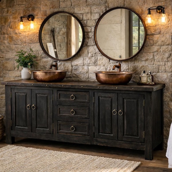 72” Rustic Farmhouse Bathroom Vanity – Solid Wood | Double Sink | Black Wash Finish | Handmade