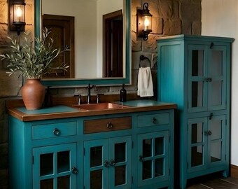 Master Rustic Wood Bathroom Vanity Set – Copper Sink, Mirror, Linen Cabinet Suite