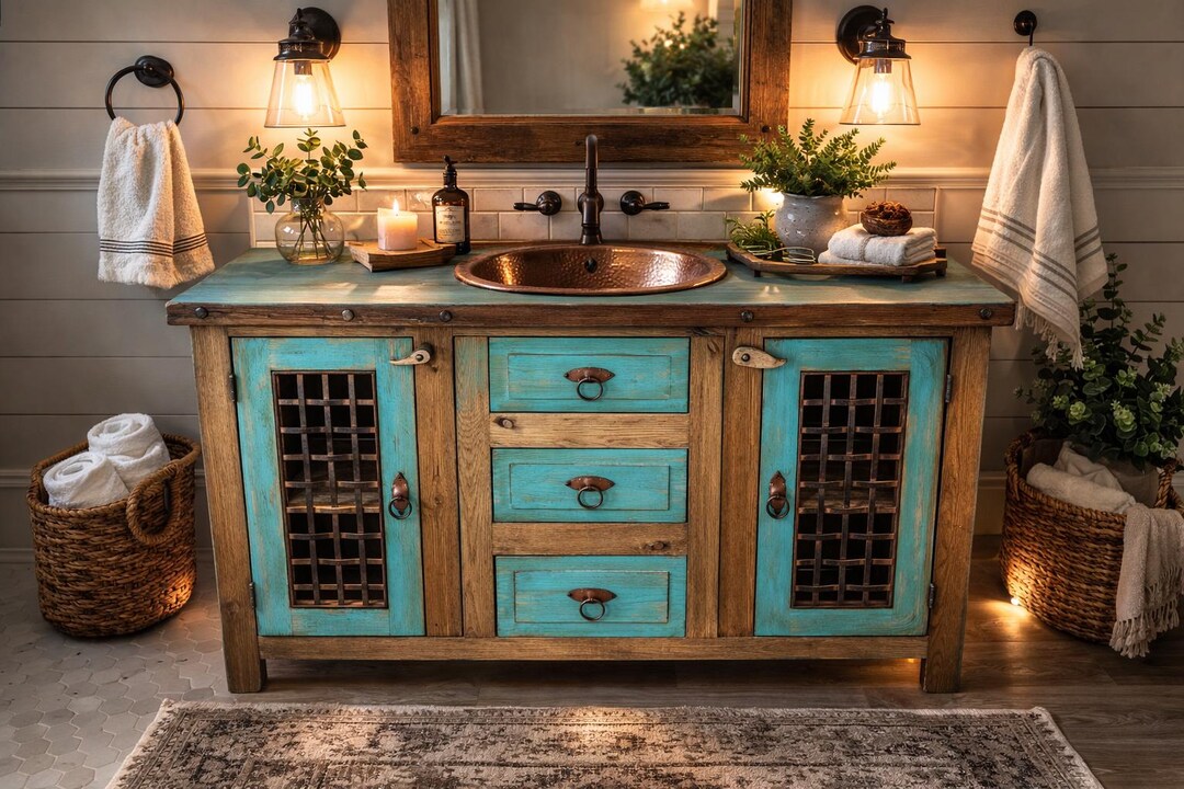 Solid Wood Farmhouse Vanity 48 Inch, Distressed Turquoise, Rustic ...