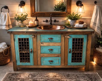 Solid Wood Farmhouse Vanity 48 Inch, Distressed Turquoise, Rustic Bathroom Cabinet