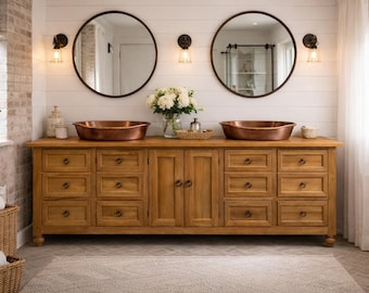 Solid Wood Farmhouse Double Vanity – Rustic Bathroom Cabinet, Honey Finish