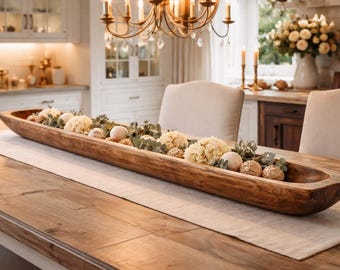 39"Extra Long Handmade Rustic Wood Dough Bowl Centerpiece | Hand Carved Wooden Farmhouse Tray