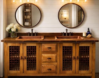 Solid Wood Farmhouse Double Sink Vanity, Rustic Western Bathroom Cabinet