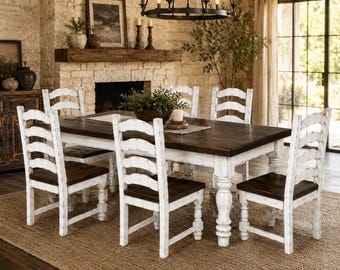 Luxury Rustic Farmhouse 7-Piece Dining Set – Handcrafted Solid Wood Hacienda Dining Collection