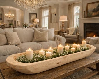 Hand-Carved Rustic Wooden Dough Bowls | 40" Extra-Long Solid Wood Farmhouse Centerpiece Tray