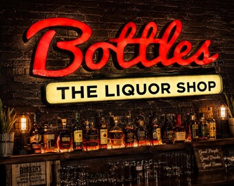 Vintage Bottles Liquor Shop illuminated sign – 10 FT commercial bar sign – working lighted advertising  display – man cave décor