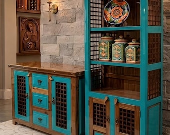 Luxury Farmhouse Solid Wood Vanity & Bookcase Ensemble | Heirloom Master Bathroom Set - Hand-Made Rustic Wood Cabinet + Tall Storage Tower