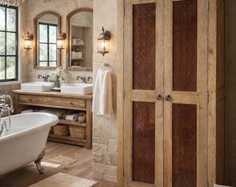 Solid Pine Bathroom Storage Cabinet – Rustic Farmhouse Linen Tower, Handmade Mexico